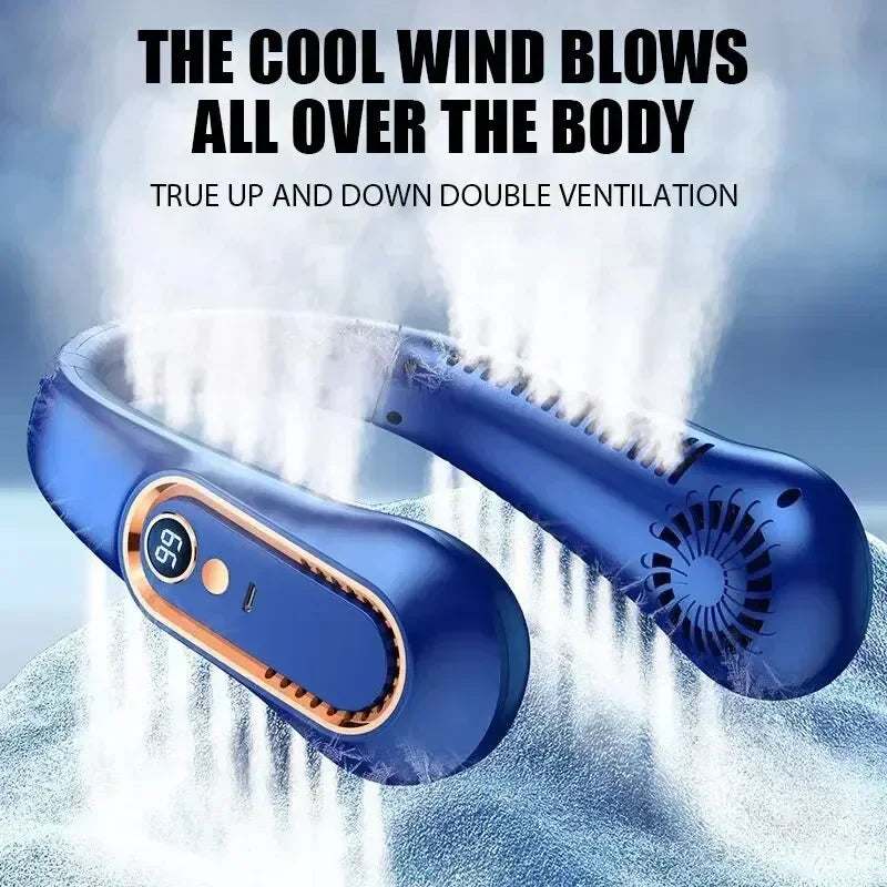 Hanging neck style leafless portable USB charging air cooler comes with 5-speed adjustment and LED display